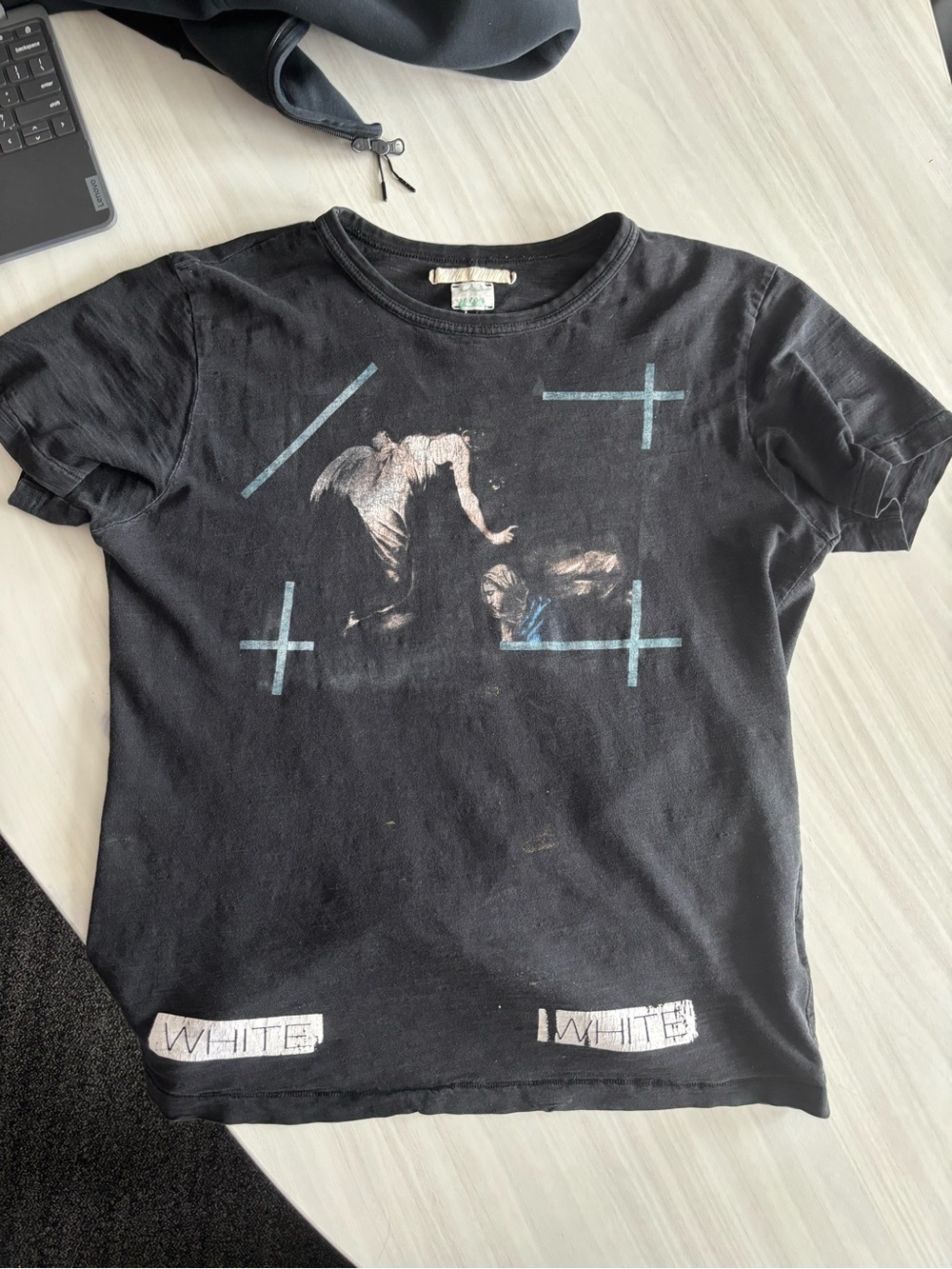 Off-White Black Tee with Distressed White Diagonal Stripes and Logo